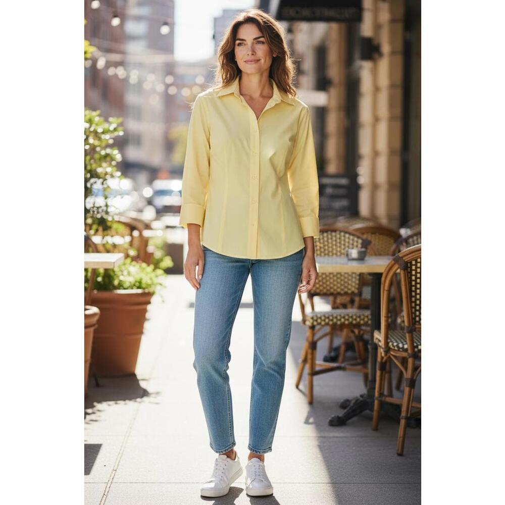 Taylor Investment Petites Non Iron Yellow 3/4 Sleeve Button-Up‎ Size 4P NWOT